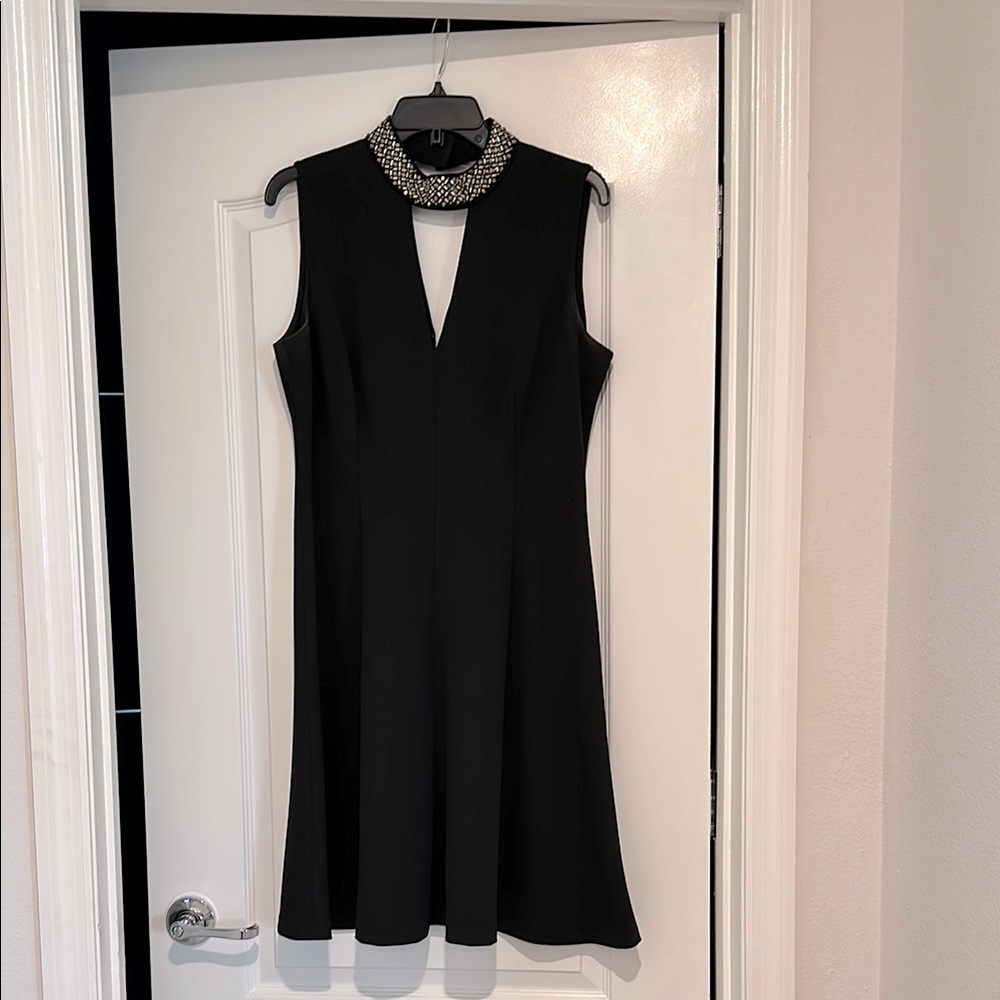 Elegant Black Sleeveless Dress with Embellished Collar, Front/Back V-neck